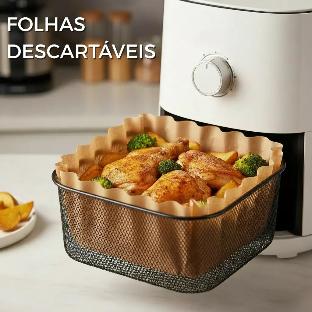Kit 100 Formas De Papel Para Airfryer Descartável Antiaderente Bandeja Quadrada Ciclo Alternativa